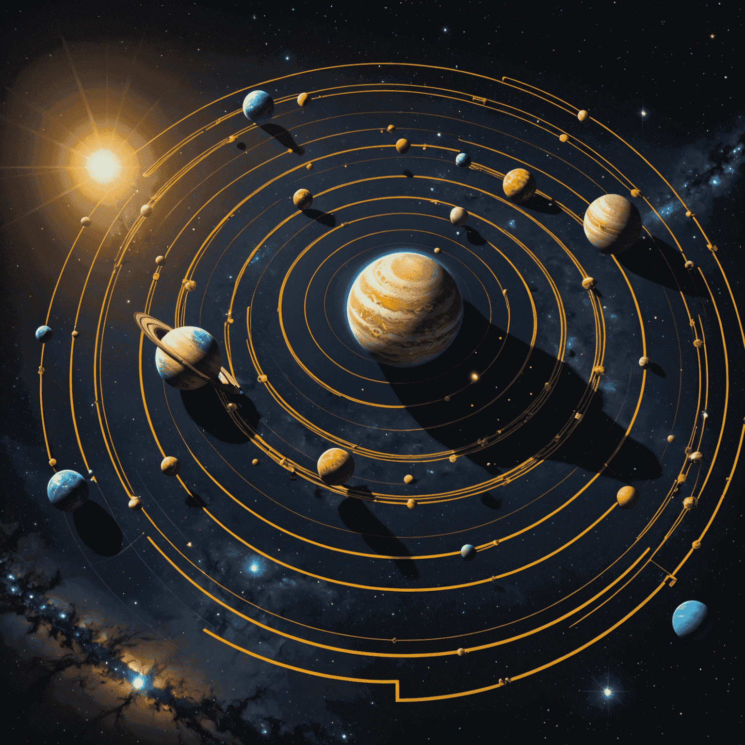 Representación visual de los planetas alineados en el sistema solar, con líneas doradas conectando sus órbitas contra un fondo de estrellas.