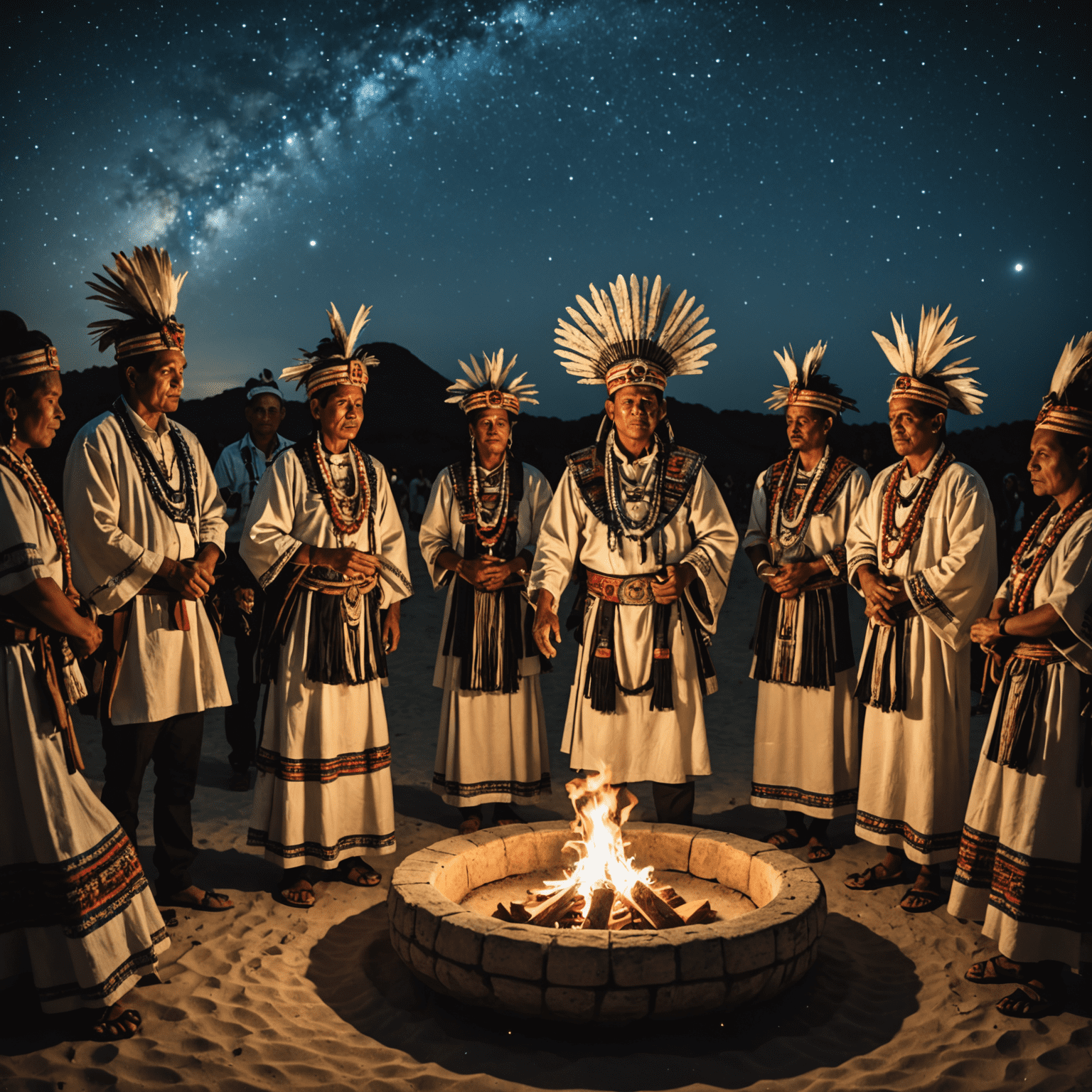 Imagen de una ceremonia maya moderna en México, con personas vestidas con trajes tradicionales realizando un ritual bajo un cielo estrellado, simbolizando la conexión entre la tradición y las predicciones para 2025