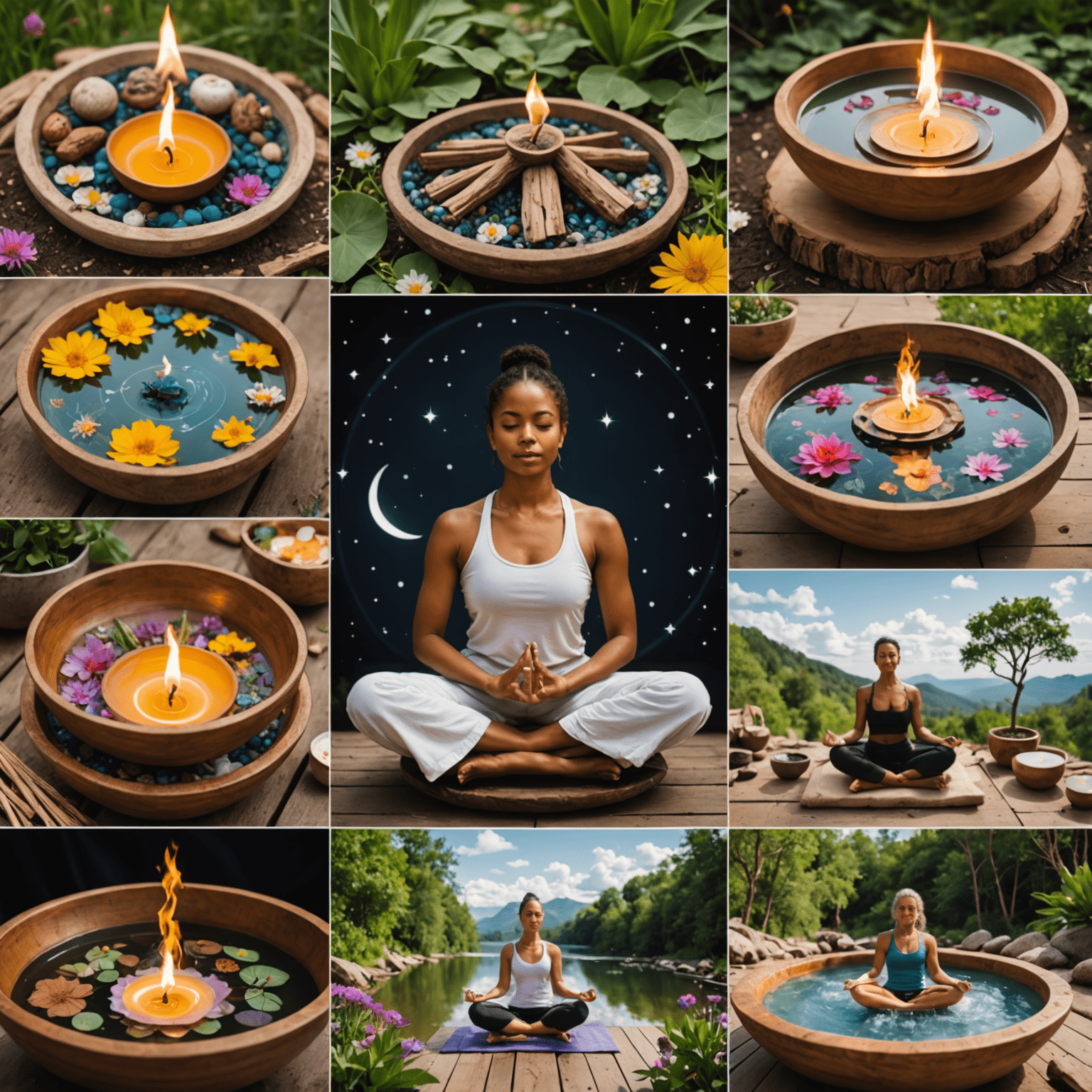 Collage de imágenes mostrando diferentes prácticas de autocuidado astrológico: meditación, baños rituales, altares y yoga al aire libre